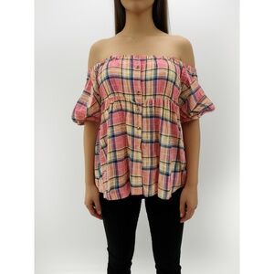 TORRID Top Womens Size 3 Multi Plaid Off Shoulder Blouse Puff Sleeve Casual Chic